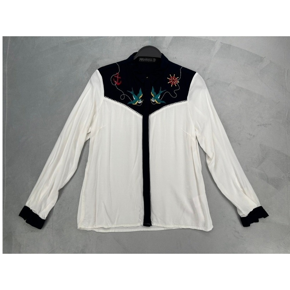Western Blouse Women 6 White Navy Nautical Embroidered Top